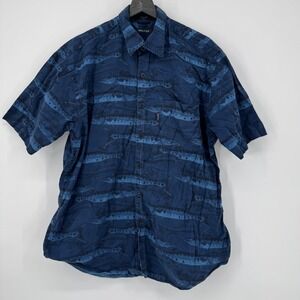 Vintage 90s Nautica Mens Large Short Sleeve Button Down Shirt Fish Print Blue